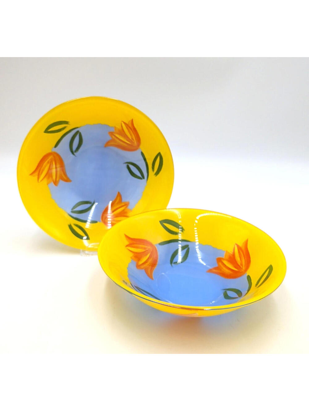 2 Arcoroc France Mathys Matys Yellow Tulip Lead-Free Tempered Glass Bowls 6"